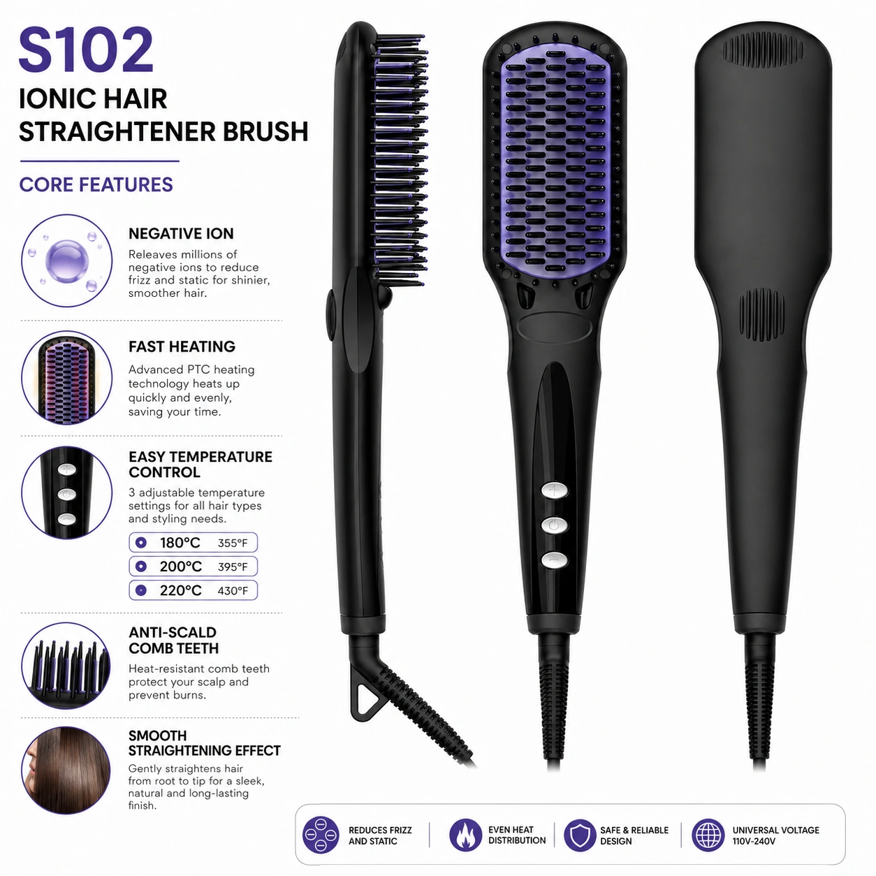 S102 Ionic Hair Straightener Brush detail image