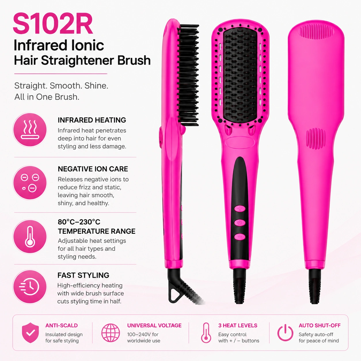 S102R Infrared Ionic Hair Straightener Brush detail image