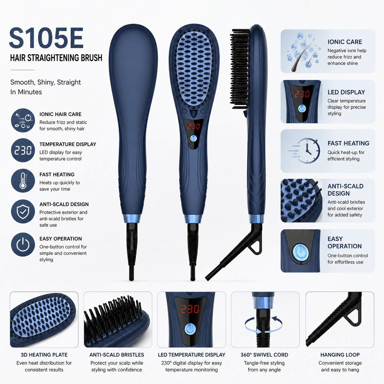 S105E Ionic Hair Straightener Brush detail image