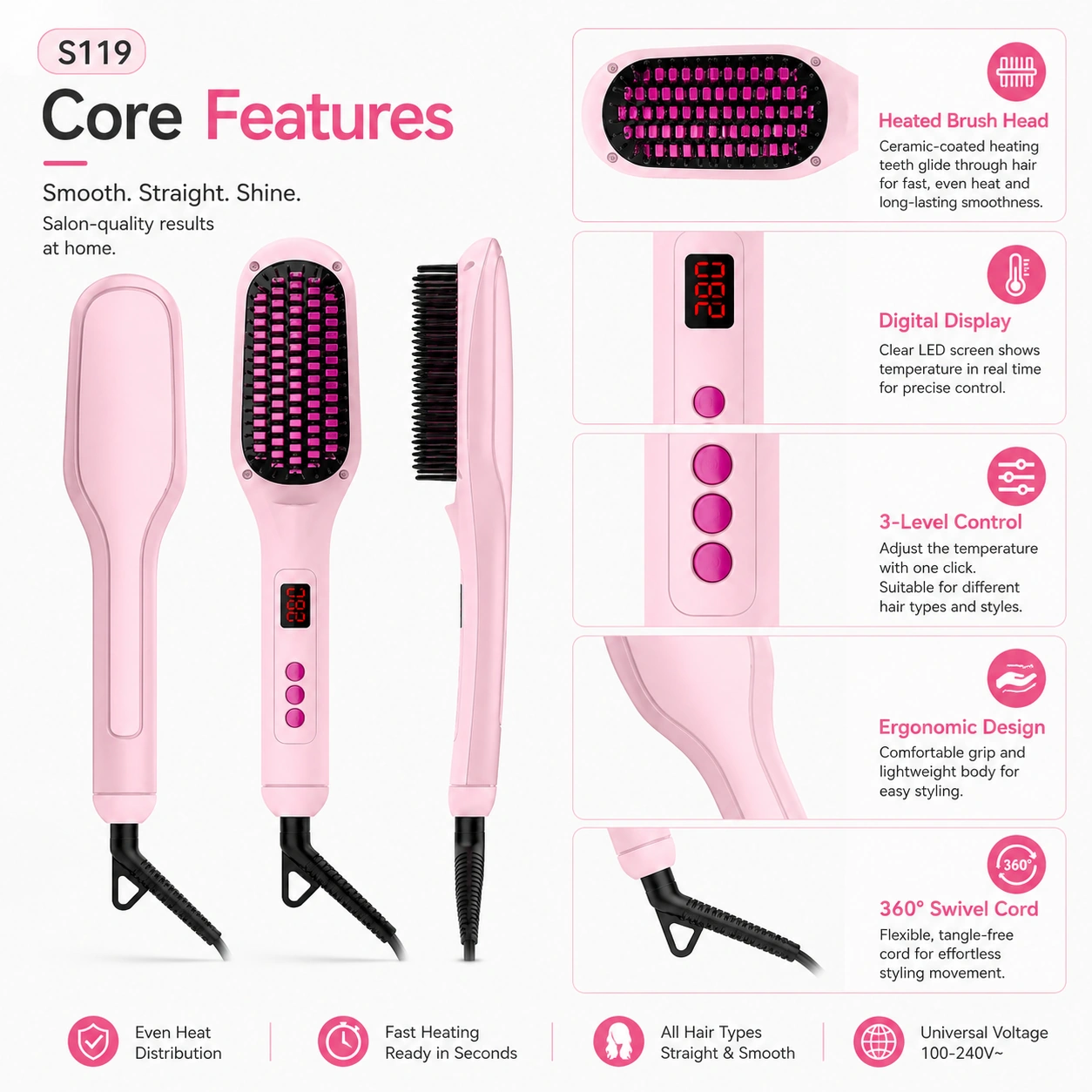 S119 Ionic Hair Straightener Brush detail image