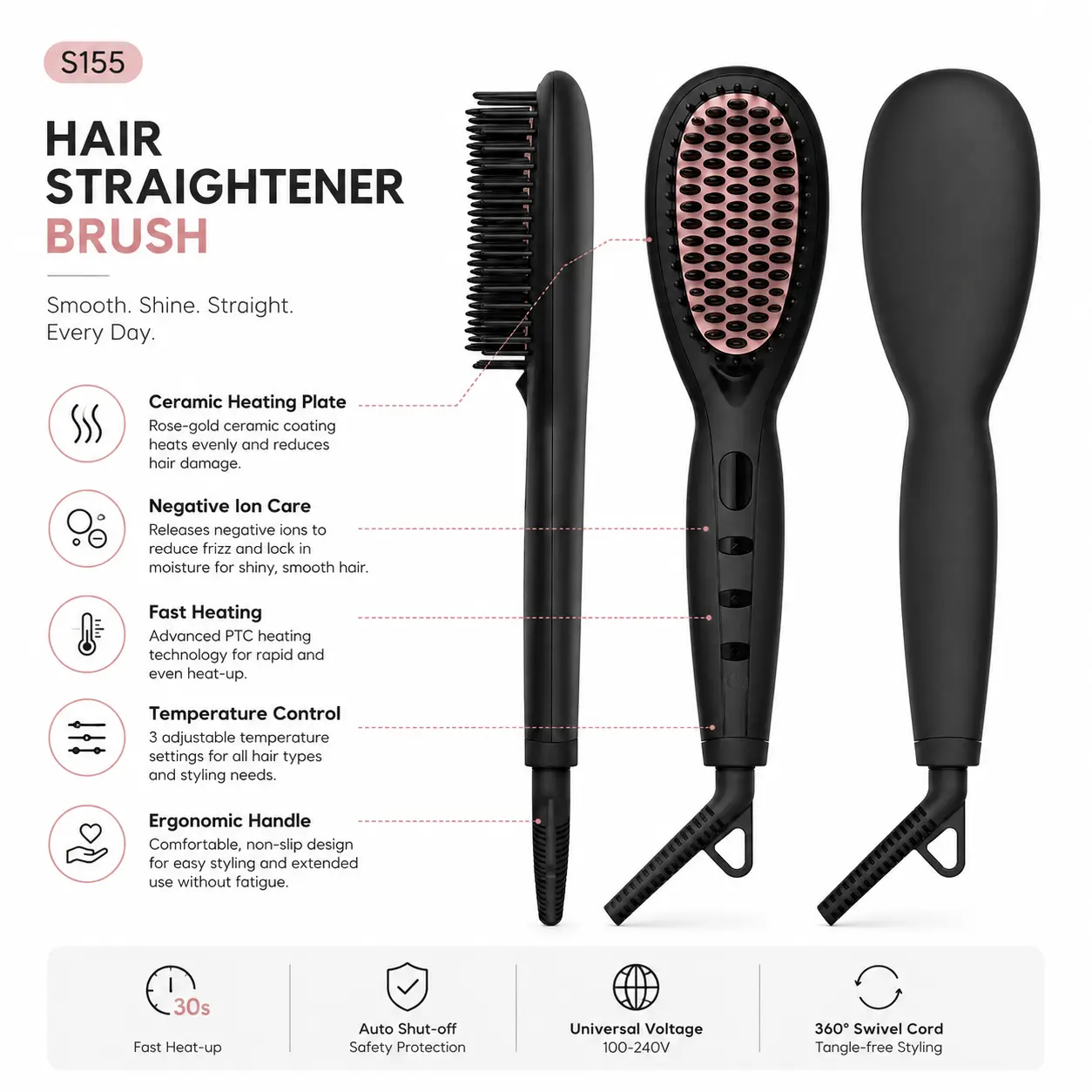 S155 Ionic Hair Straightener Brush detail image
