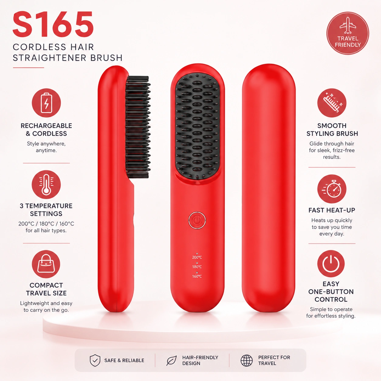 S165 Rechargeable Ionic Hair Straightener Brush detail image