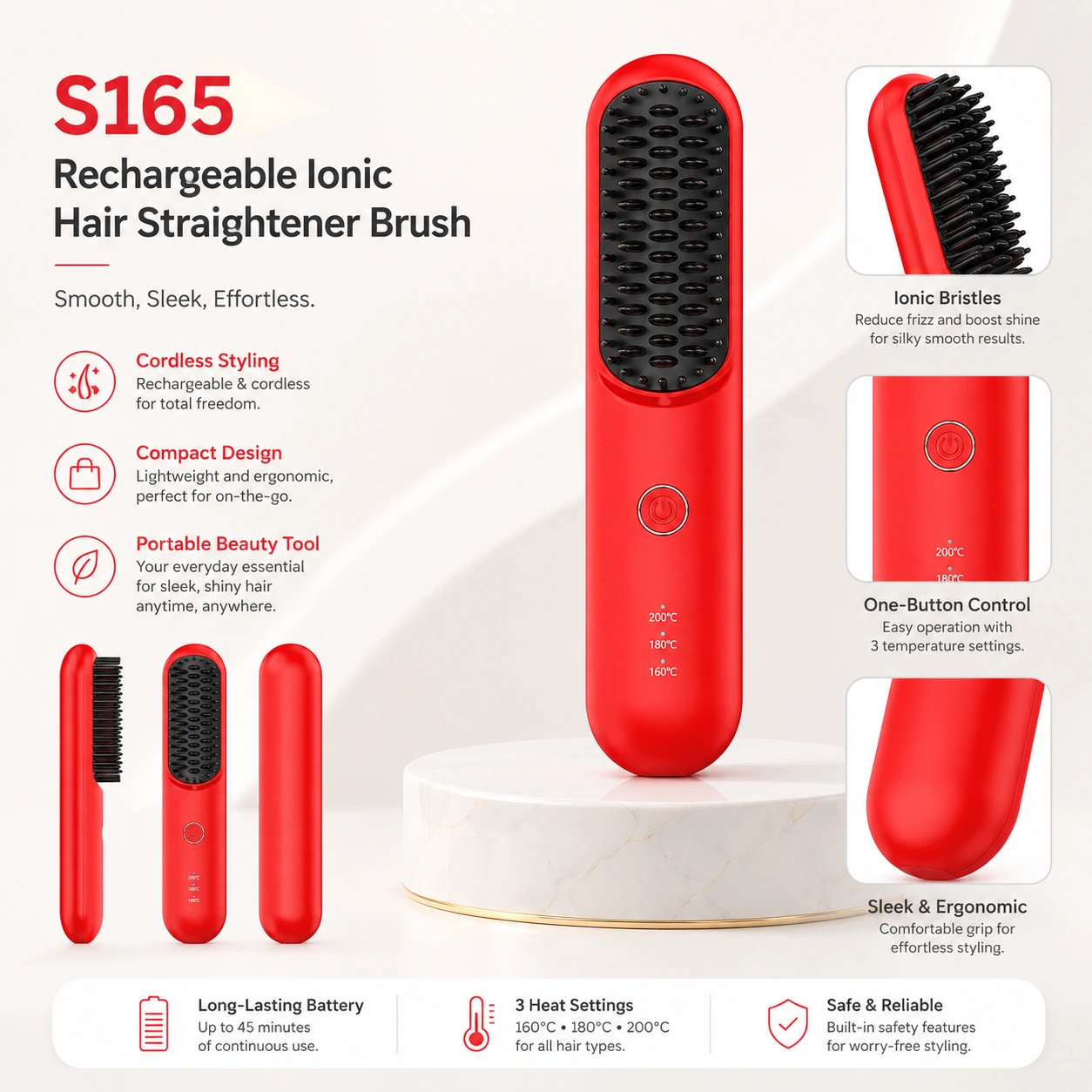 S165 Rechargeable Ionic Hair Straightener Brush detail image