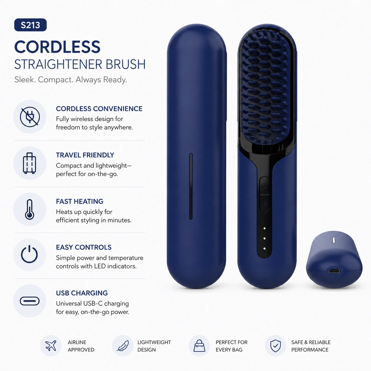 S213 Rechargeable Ionic Hair Straightener Brush detail image
