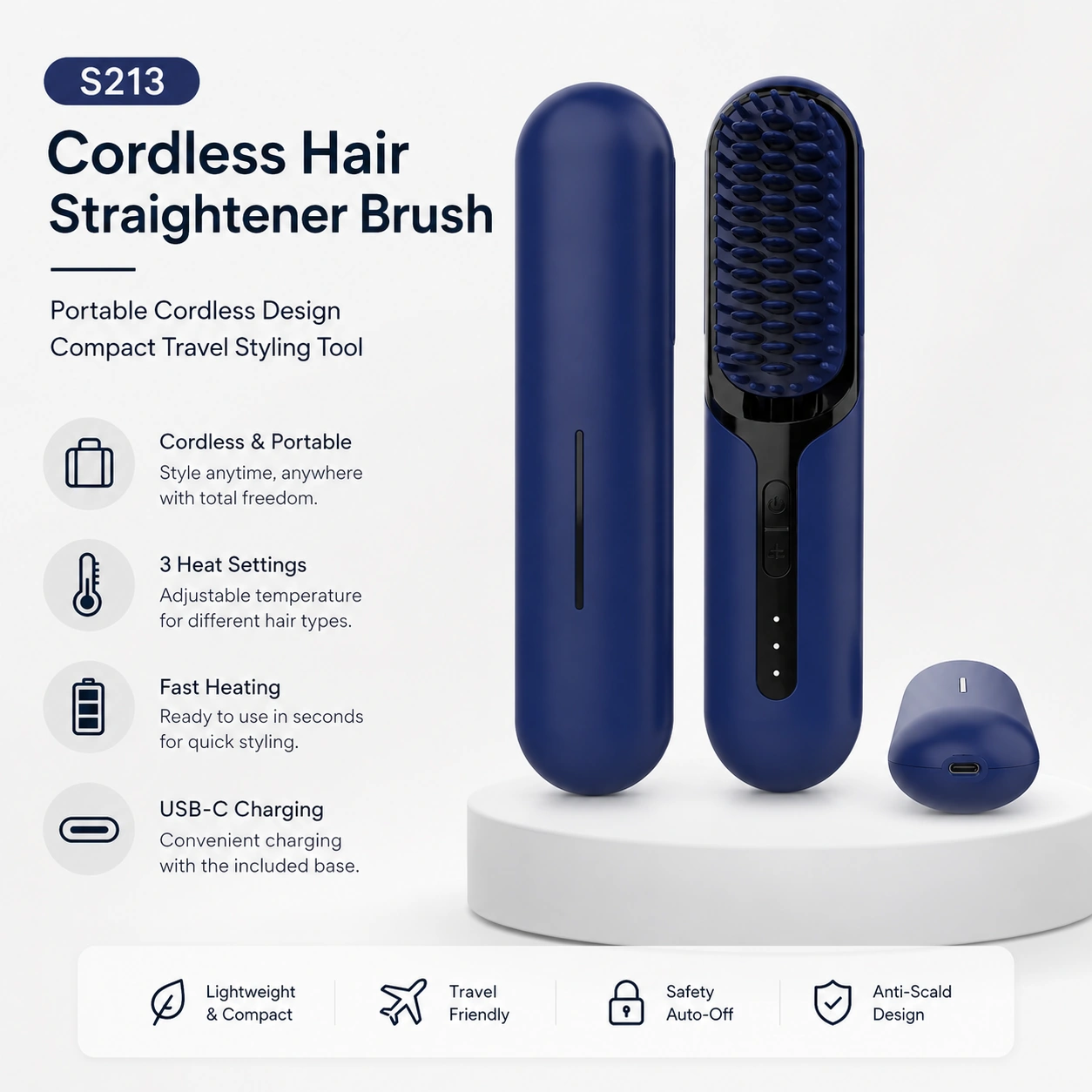 S213 Rechargeable Ionic Hair Straightener Brush detail image