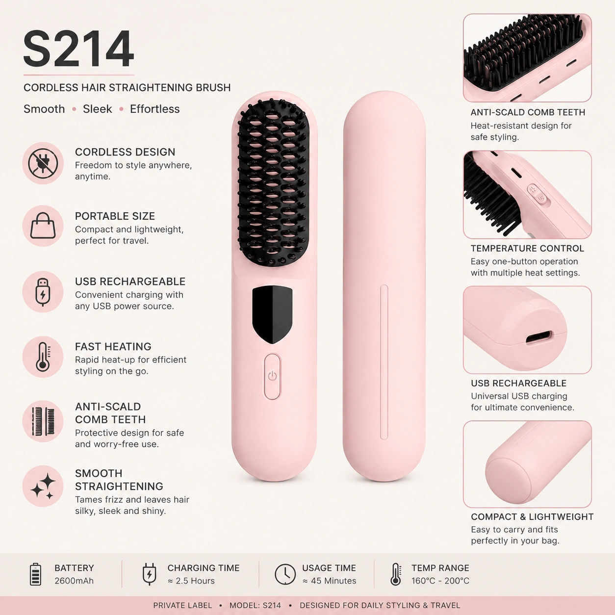 Click to enlarge S214 Rechargeable Ionic Hair Straightener Brush detail image S214 Rechargeable Ionic Hair Straightener Brush detail image